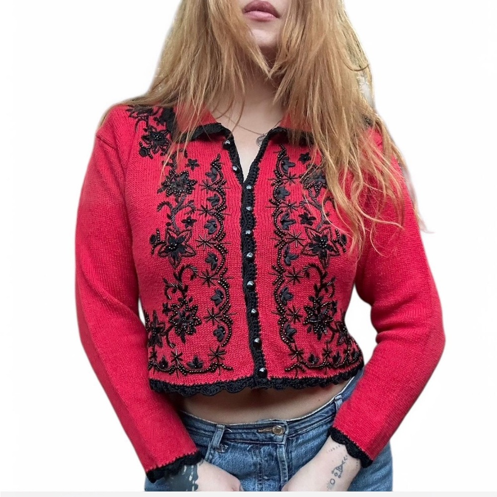 Vintage Work In Progress Cardigan Women PL Beaded Red Cotton Cottagecore Cropped